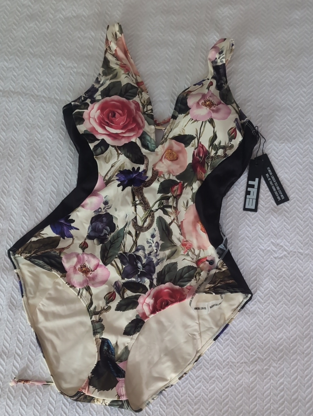 TA3 NWT Large Extra Long One Piece Shaping Corset Swim Suit Floral Snake Print